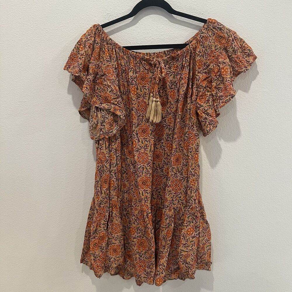 RACHEL ZOE Women's Orange Floral Print Tassel Ruffle Mini Dress SZ Large Beach
